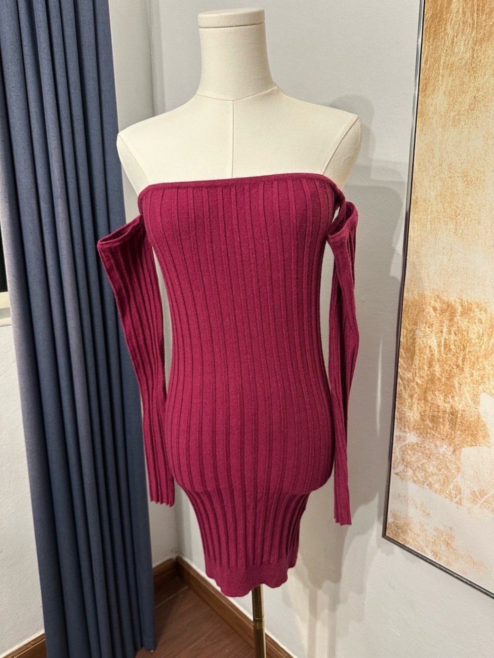 Forever 21 Off-Shoulder Ribbed Bodycon Sweater Mini Dress - Berry Y2K Cozy